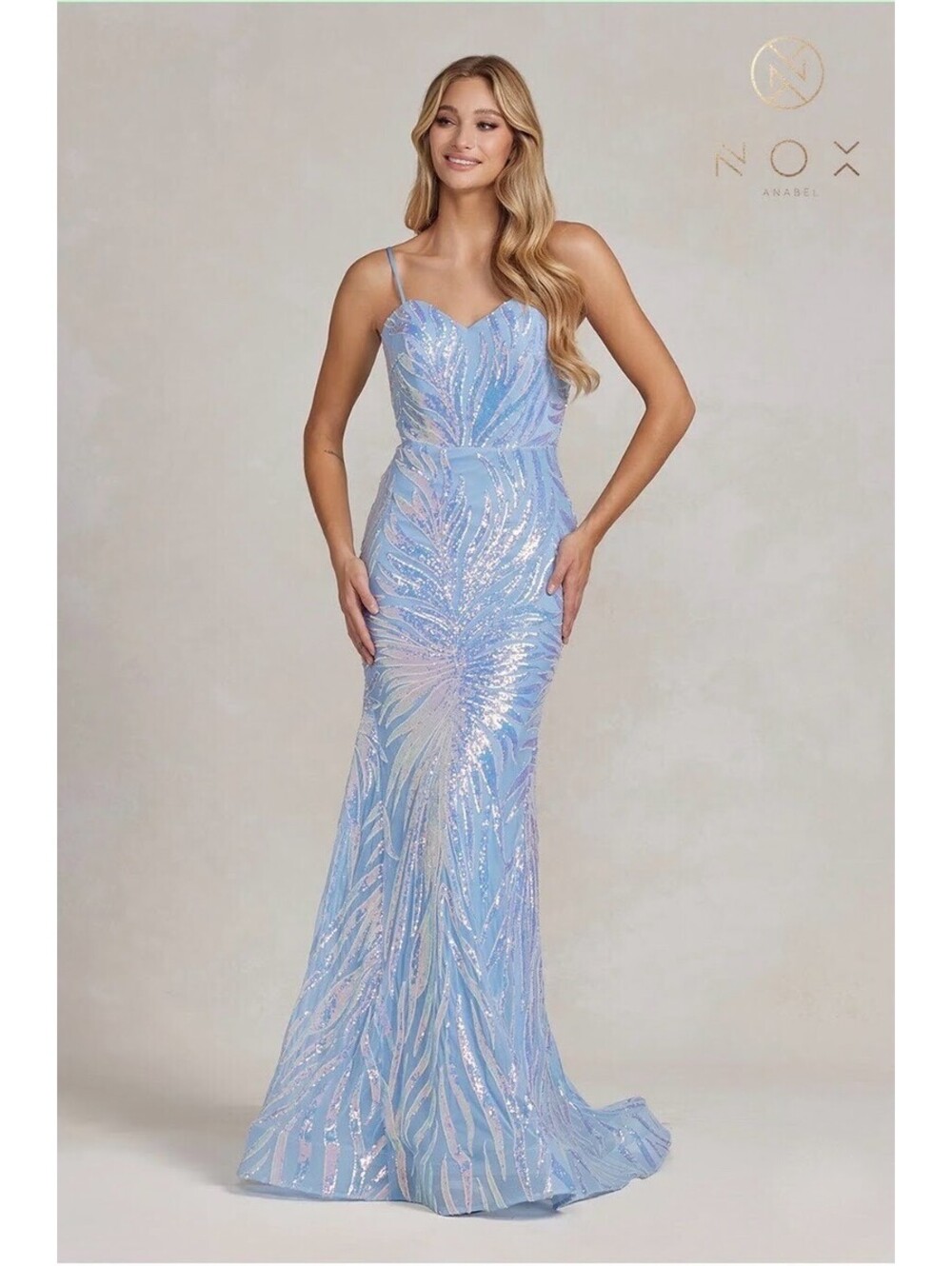 Metallic Iridescent Blue Sequin Sweetheart Mermaid Gown Prom Dress Train Size 10